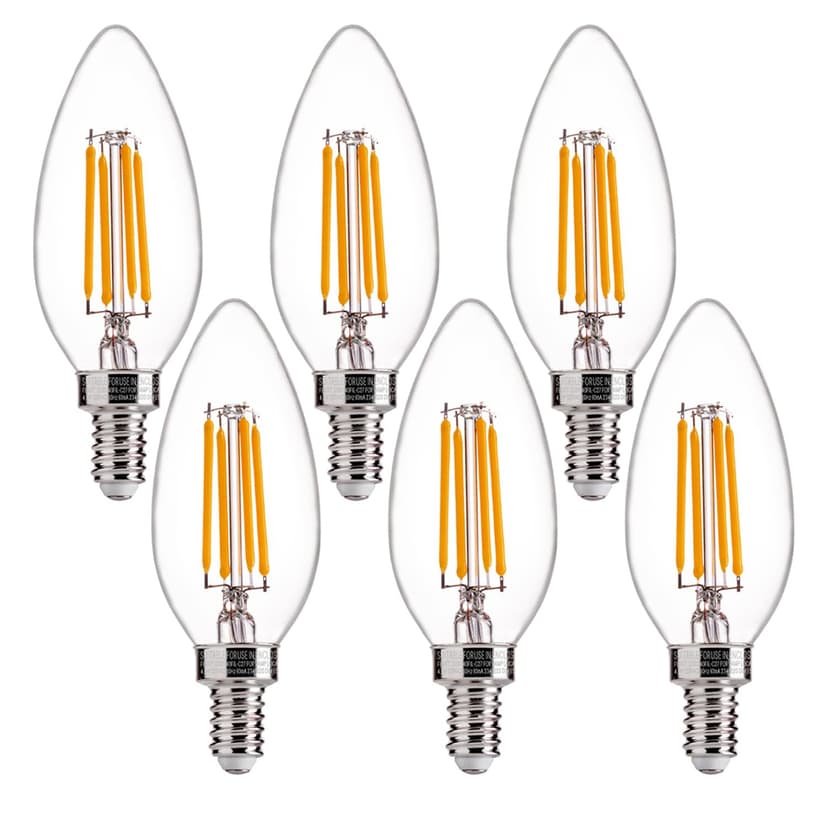 FLSNT 60W Equivalent LED Chandelier Light Bulbs, Dimmable, E12 Base, Clear B11 LED Filament Candelabra Bulbs, 2700K Soft White, 6 Pack