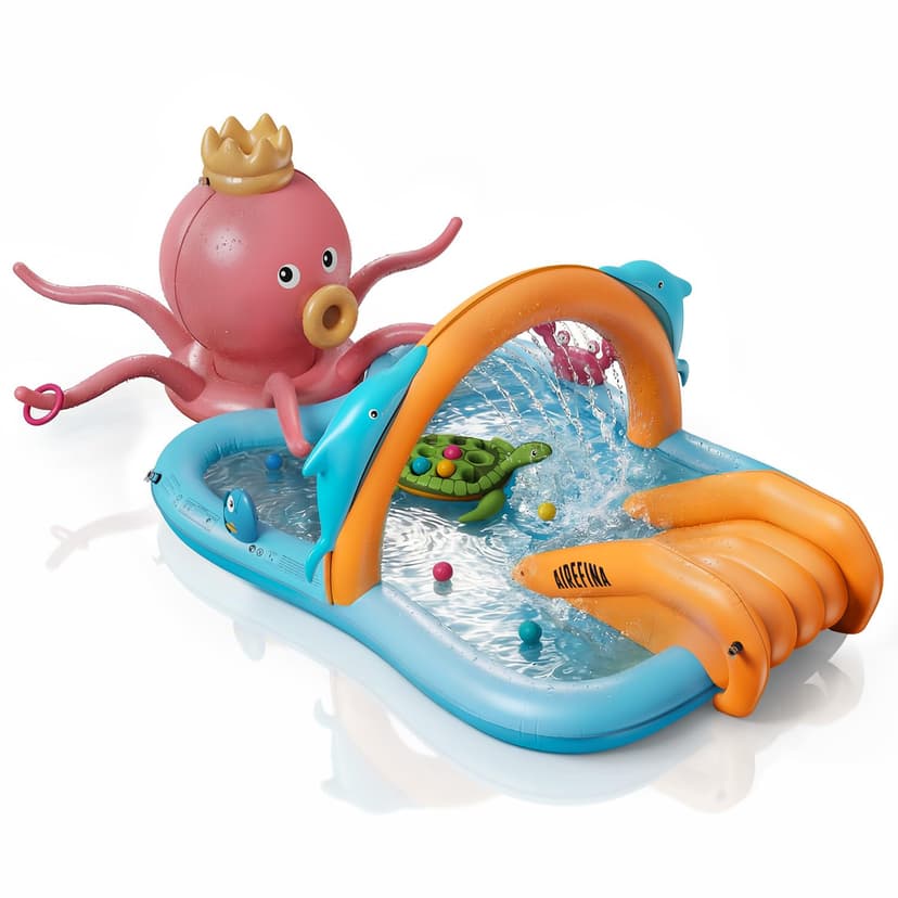Airefina Inflatable Kiddie Pool, Detachable Octopus King Toddler Pool with Water Slide Splash Pad, Inflatable Play Center with Turtle Toss Target for Backyard, Garden, Water Park, Ages 3+