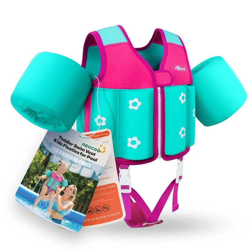 Kids Pool Floaties 1-2-3-5-7-9 Years Old, Toddler Swim Vest 20-30-50-70 Pounds, Comfortable Extended Wear Kids Float Jacket with Crotch Strap, Bright & Colorful Design and Unpadded Sides for Comfort