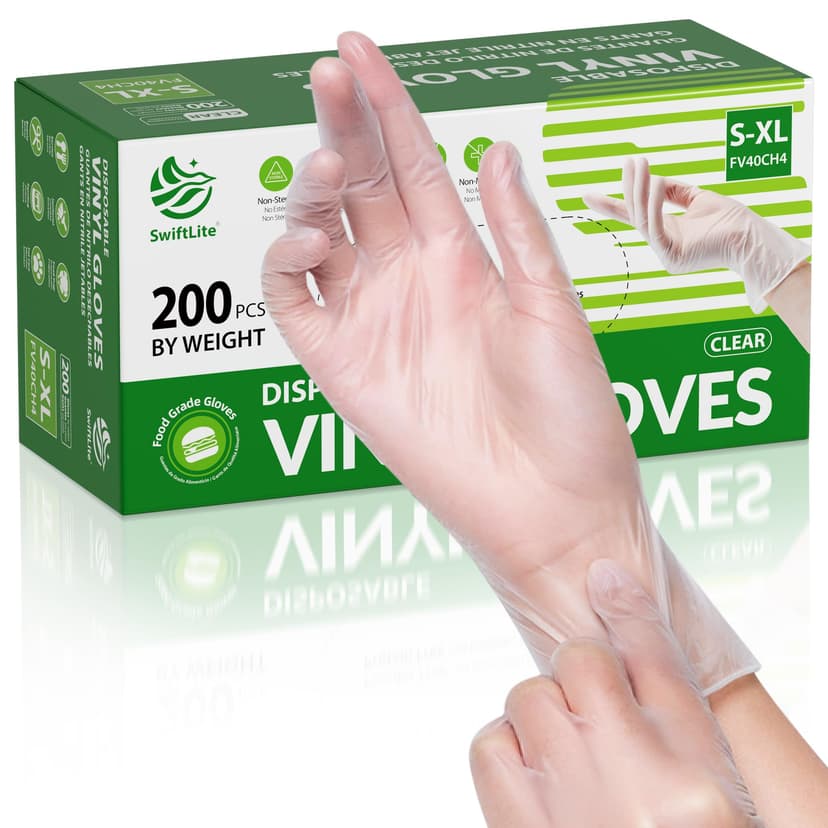 SWIFTLITE Disposable Vinyl Gloves, Food Safe, Latex-Free Powder-Free Clear Plastic Gloves for Cooking, House Clean, Food Prep