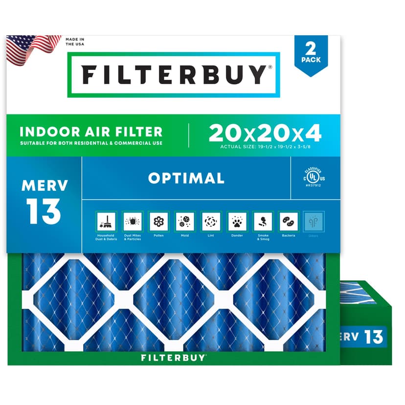 Filterbuy 20x20x4 Air Filter MERV 13 Smoke & Allergy Defense (2-Pack) | Electrostatic Pleated HVAC AC Furnace Filters Replacement, Made in USA (Actual Size: 19.50 x 19.50 x 3.63)