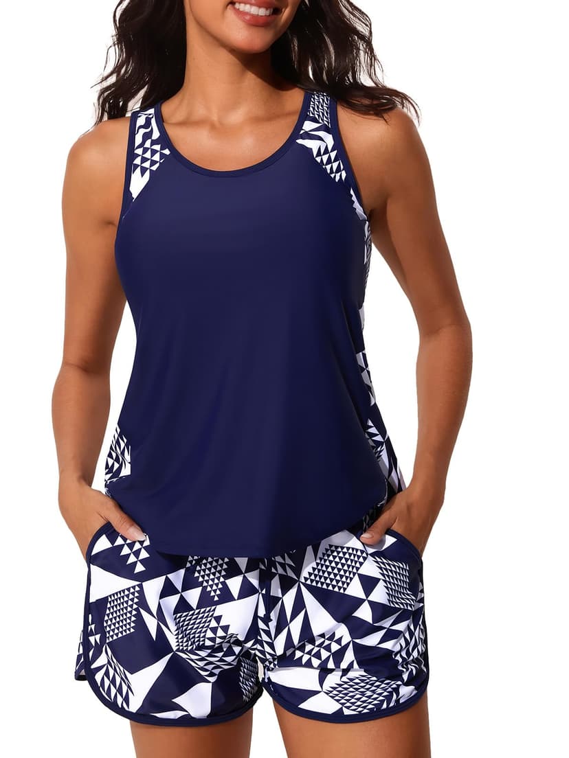 Summer Mae Blouson Tankini Swimsuits for Women 2026 Tummy Control Two Piece Bathing Suits with Sporty Pockets Swim Shorts