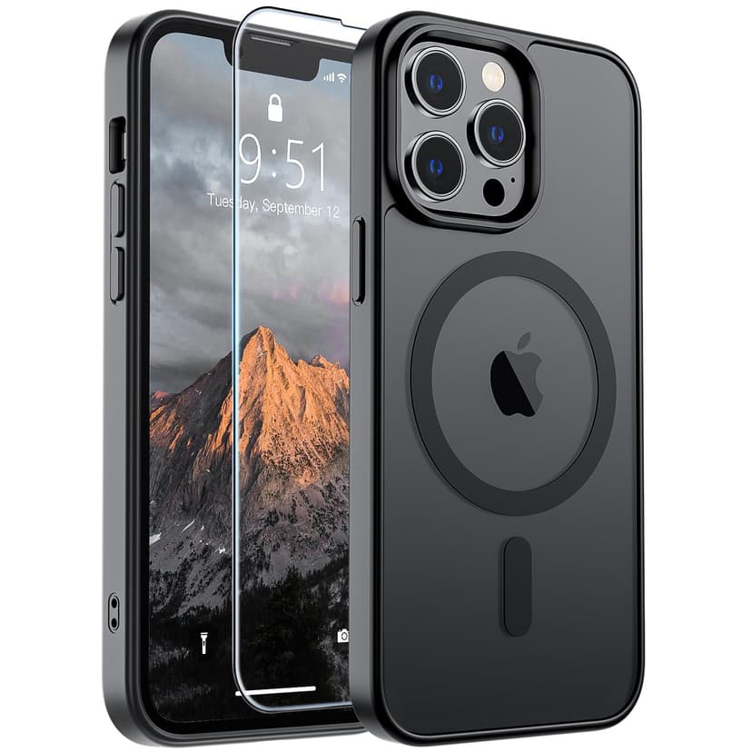 SUPFINE Magnetic for iPhone 13 Pro Max Case Black | With Screen Protector, Translucent Matte, Compatible with MagSafe, Military Grade Drop Proof, Rugged Shockproof Protective