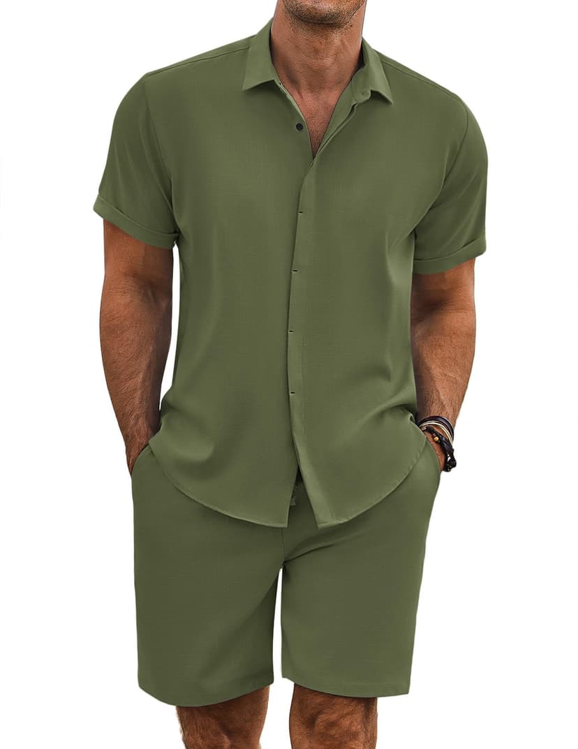 COOFANDY Men's Summer Beach Outfits 2 Piece Short Sleeve Shirts and Shorts Vacation Texture Linen Sets for Men
