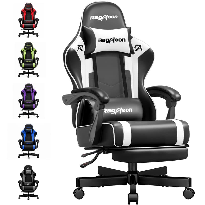 Gaming Chair for Adults Gamer Game Ergonomic PC Chair, 7-Point Support | Pocket Springs & Foam,51cm Wide Seat,Sync Armrests, 90°-135° Backrest, PU Leather, Black and White, 400lbs Load
