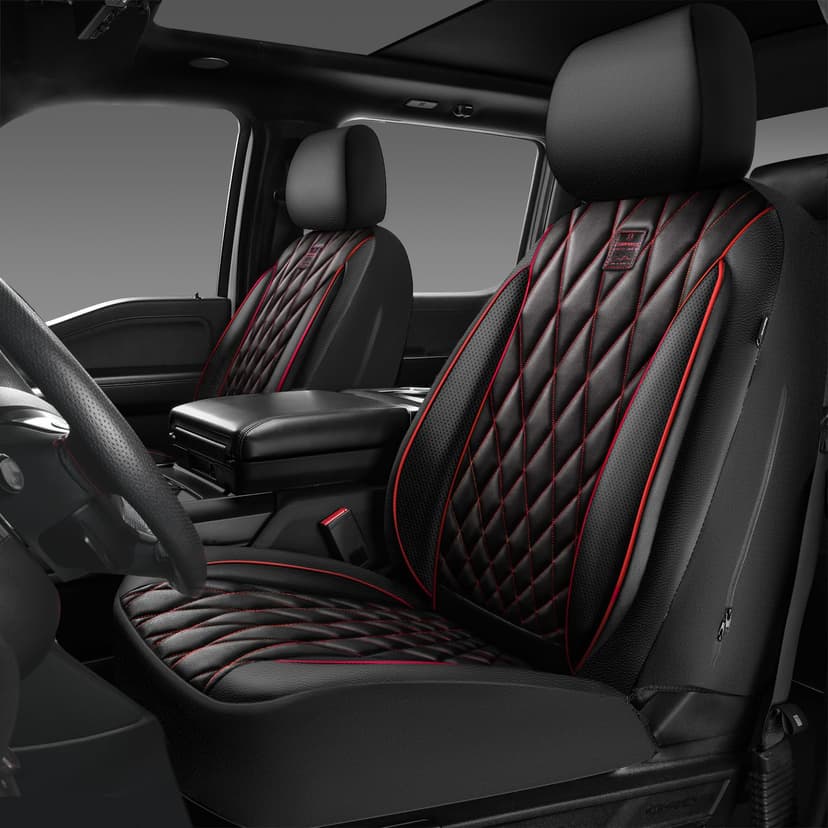CAR PASS Piping Luxury PU Leather Two Front Car Seat Covers, Waterproof Anti Slip Seat Covers Compatible with Front Seat Armrests,Universal Fit for Suvs,Vans,Trucks,Airbag Compatible(Black and Red)