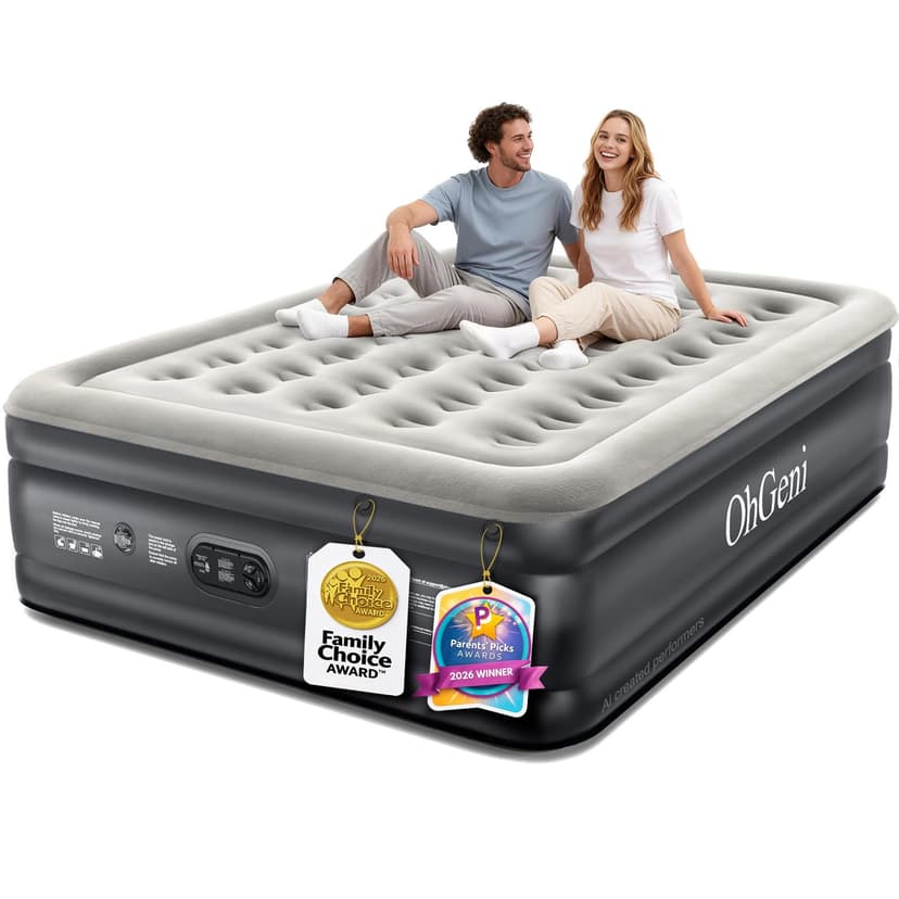 OhGeni Air Mattress Queen with Built in Pump, 18" Raised Inflatable Blow Up Mattress, Upgraded Surface Portable Bed for Home, Camping, Colchone Inflable, Ideal Sleep Solution for Guests