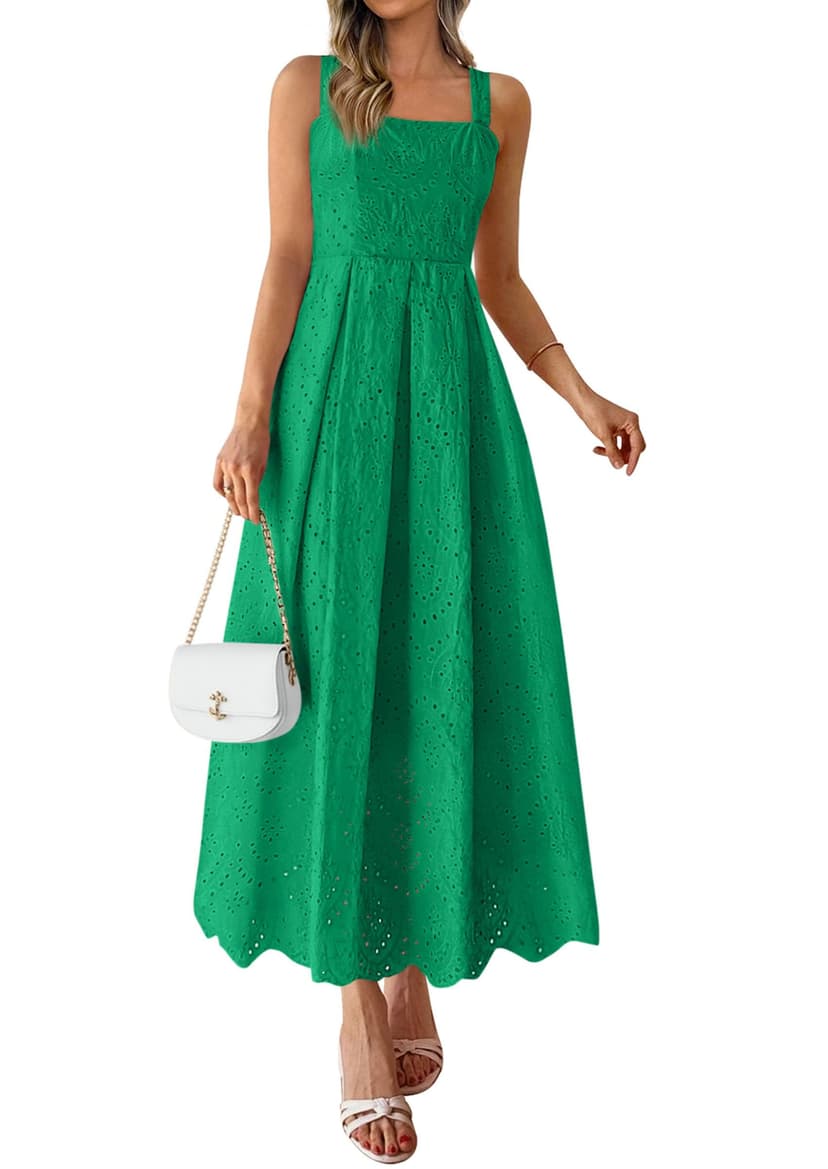PRETTYGARDEN Womens Sleeveless Eyelet Summer Dresses Pockets | Hollow Out Embroidered Cotton,Adjustable Straps,Square Neck Ruffle Maxi Dress,Smocked back,Flowy Beach Vacation Sundress