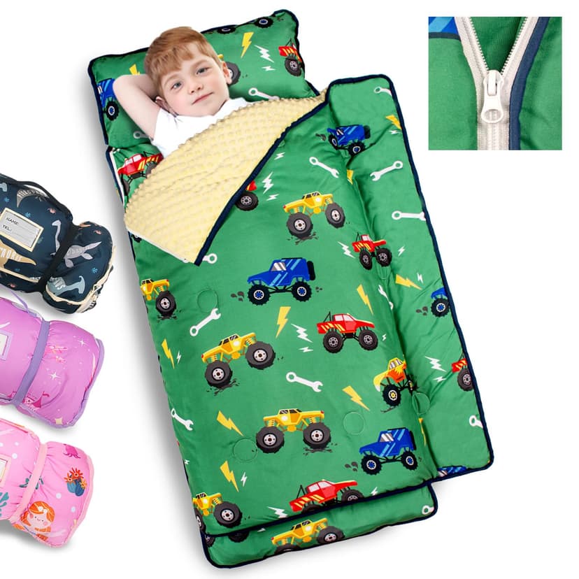 Primlect Toddler Nap Mat with Pillow, Thickened Extra Large Sleeping Bag | 55''x35'' Sleeping Mat with Detachable Blanket, Washable, Roll up, for Daycare, Preschool, Kindergarten, Monster Truck