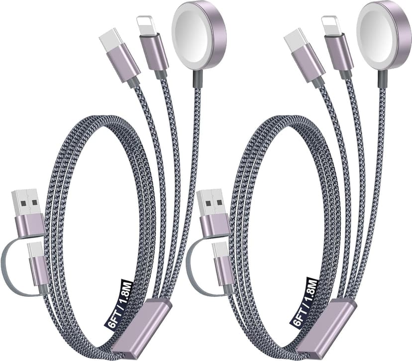 2Pack Multi Charging Cable Cord for Travel Essentials,Apple Watch Charger,iPhone Charger,[3-in-2] Type C/Lightning Cable Portable Designed for iWatch,iPhone 17-8,Galaxy S26-21,AirPods,iPad-1.8M Gray