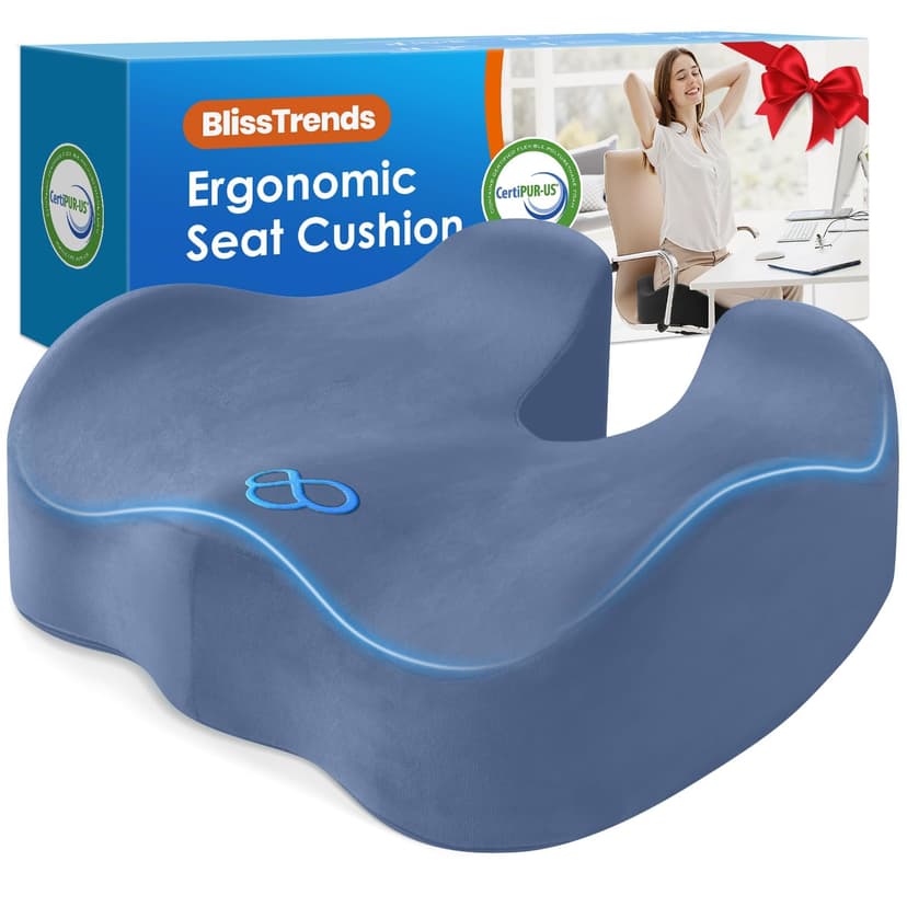 BlissTrends Memory Foam Seat Cushion for Office Chair & Car Seat, LightBlue | Ergonomic Tailbone & Sciatica Support with Removable Velvet Cover for Pressure Relief and Long Sitting Comfort, 3.3" Thick