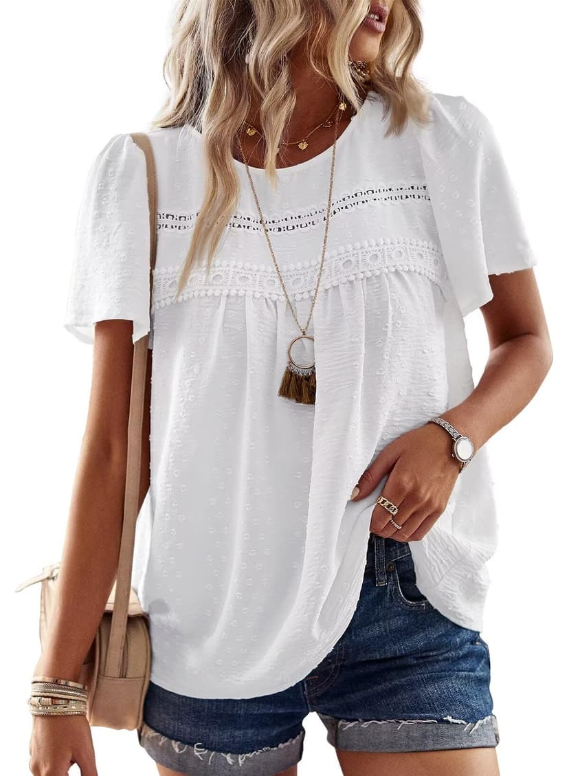 Falechay Womens Summer Tops Crewneck Short Sleeve Shirts Casual Chiffon Blouses Flowy Lace Hem Boho Clothing Trendy 2026
