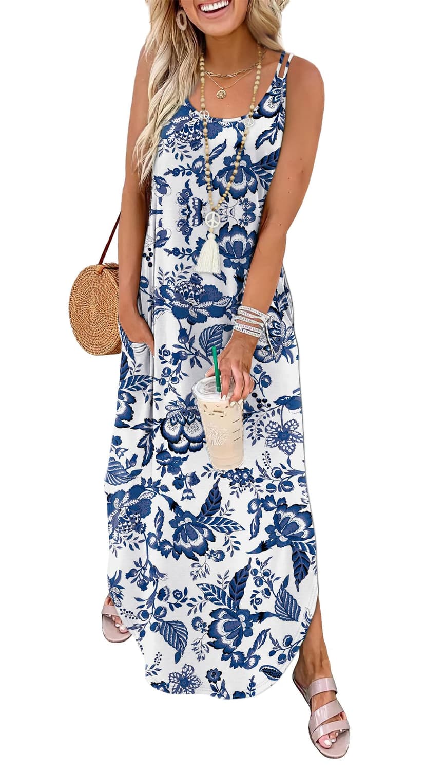 WIHOLL Summer Dresses for Women Spaghetti Strap Maxi Dress Scoop Neck Casual Boho Sundresses Beach Vacation Outfits Pockets