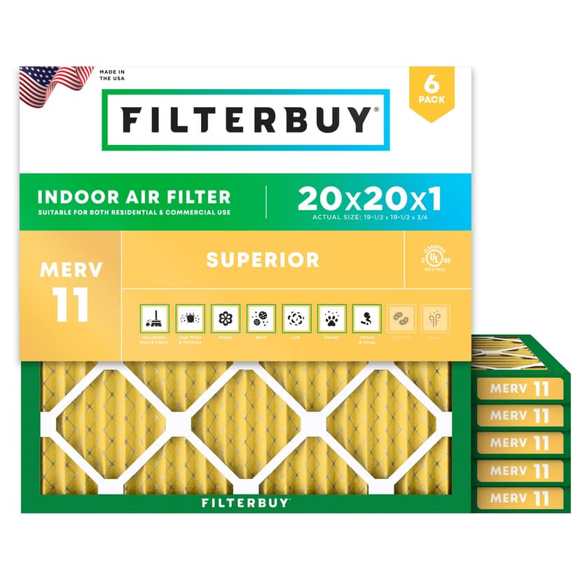 Filterbuy 20x20x1 Air Filter MERV 11 Superior Pet & Allergy Defense (6-Pack), Electrostatic Pleated HVAC AC Furnace Filters Replacement, Made in USA (Actual Size: 19.50 x 19.50 x 0.75)
