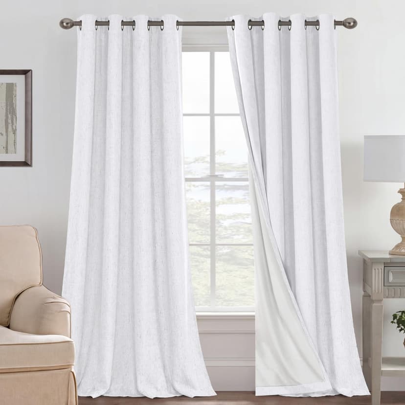 H.VERSAILTEX Blackout Curtains Linen Curtains 120 inches Long 100% Black Out Curtains for Bedroom Windows, Textured Linen Look Draperies Grommet with White Liner, 2 Panels, Bright White