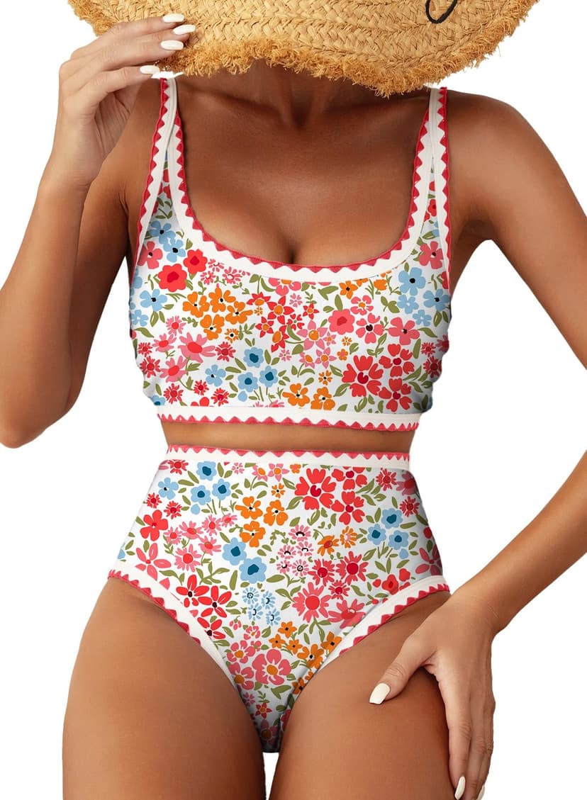 Herseas Women's Bikini Sets Floral Print Whip Stitch 2 Piece Swimsuits High Waisted Scoop Bathing Suits