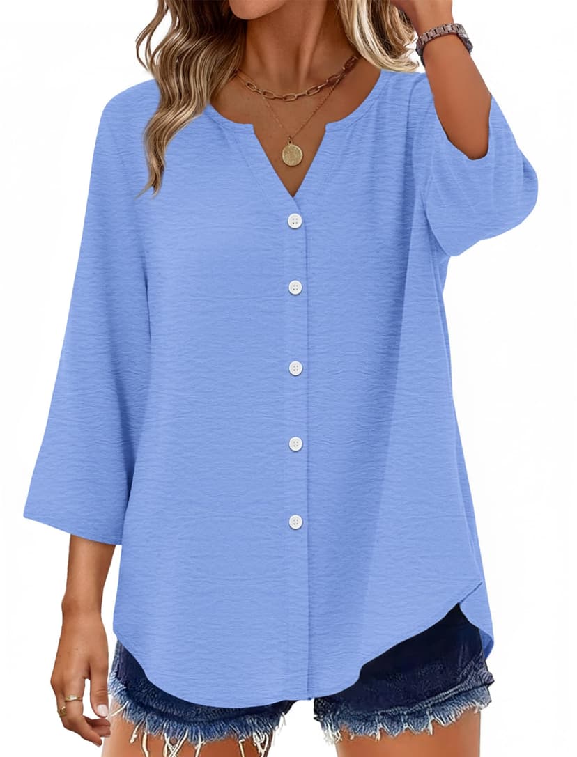 OFEEFAN Button Down Shirts for Women 3/4 Length Sleeve Tops V Neck Blouses Business Casual Outfits Loose Fit