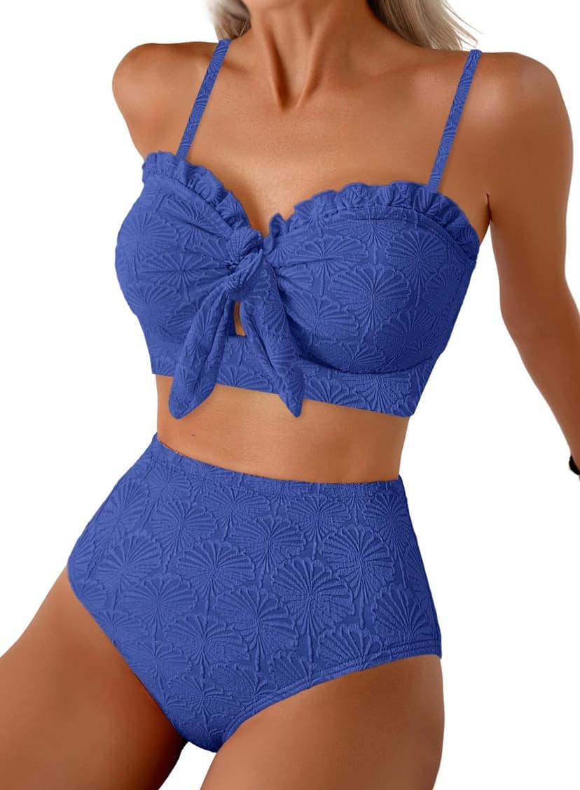Herseas Women's Seashell Textured Bikini Sets Knotted Front 2 Piece Swimsuits Ruffle Trim Bathing Suits