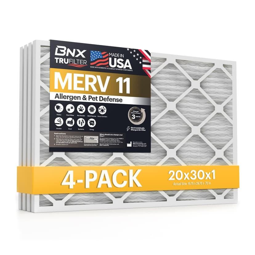 BNX TruFilter 20x30x1 Air Filter MERV 11 (4-Pack) - MADE IN USA - Allergen Defense Electrostatic Pleated Air Conditioner HVAC AC Furnace Filters for Allergies, Dust, Pet, Smoke, Allergy MPR 1200 FPR 7