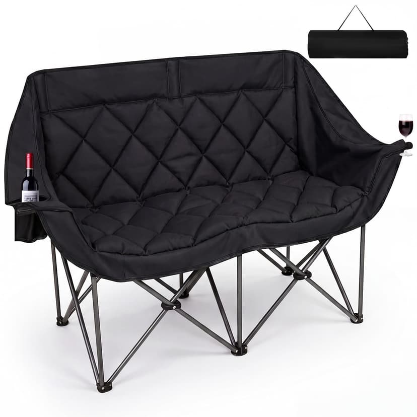 Romswi Double Camping Chair,2 Person Camping Chair Oversized Folding Loveseat,Heavy Duty Camping Couch & Outdoor Sofa with Cup Holders,Supports 750LBS Black