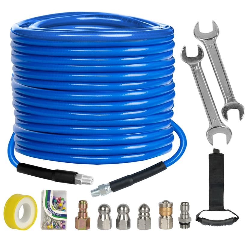 Xiny Tool Sewer Jetter Kit for Pressure Washer 100FT, 4000 PSI Drain Cleaner Hose 1/4 Inch NPT, Corner Rotating and Button Hose Sewer Jetting Nozzle Pearl Corsage Pin Tape Handle Strap Spanner, Blue