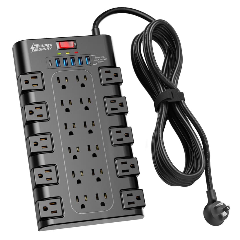 SUPERDANNY Power Strip Surge Protector, 22 AC 6 USB, 2100J, 15Ft, 1875W/15A | 5A1C, Heavy Duty Extension Cord with Multiple Outlets, Flat Plug Outlet Extender for Home, Office, Dorm, Gaming Room, Blac