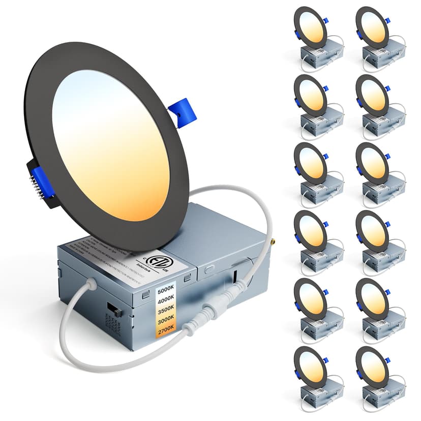 Ensenior 12 Pack 4 Inch LED Recessed Ceiling Light, Balck, 5CCT, 750LM 9W | 2700K-5000K Selectable, 5%-100% Dimming, 120V, Ultra-Thin Canless Wafer Downlight with Junction Box, Damp Rated, ETL&FCC&IC