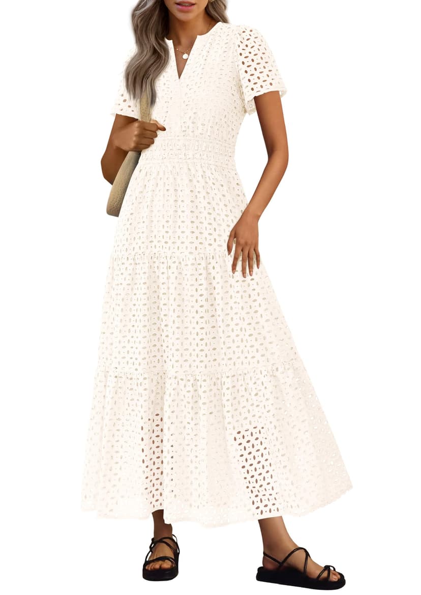 PRETTYGARDEN Womens 2026 Summer Maxi Dress Short Sleeve V Neck Hollow Out Eyelet A Line Long Flowy Beach Vacation Dresses