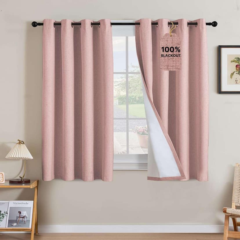 H.VERSAILTEX 100% Blackout Linen Curtains 54"L 2 Panels Heathered Baby Pink | Total Black Out Drapes, Room Darkening Thermal Insulated, Grommet, GRS Certified, 52"W x 54"L Each for Bedroom/Living Room