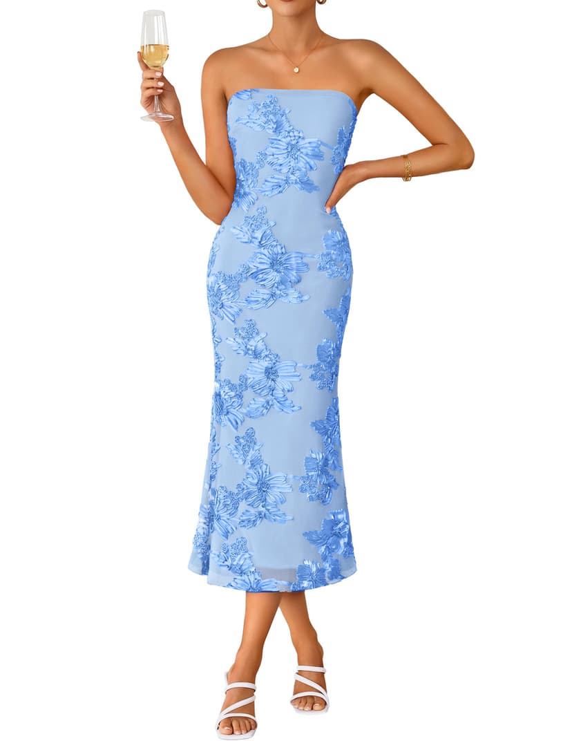 ZESICA Cocktail Wedding Guest Dresses for Women 2026 Summer Strapless Floral Bodycon Mesh Tube Formal Party Midi Dress