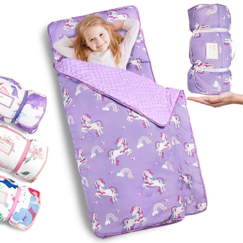 Primlect Thickened Toddler Nap Mat with Removable Pillow and Minky Blanket, Extra Large 55''x35'' Sleeping Bag, Washable, Roll up, Perfect for Daycare, Preschool, Kindergarten, Boys and Girls