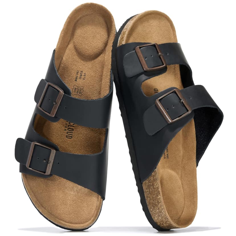 Project Cloud Mens Sandals, 100% Genuine Leather Mens Slides (Heritage) | Memory Foam Insole & Cork Footbed Slides for Men Footwear Non Slip Summer Sandals for Men & Lightweight Sandals Men