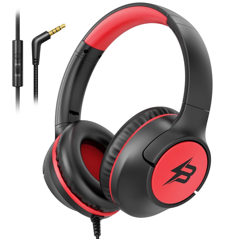 Wired Headphones for Kids for School, 3.5mm Cord 85/94dB Volume, Black Red | Over Ear Headphones with Microphone for Kids Boys Girls Toddler, Plug in Headphone for Kindle Tablet Computer Airplane Trav