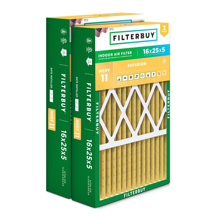 Filterbuy 16x25x5 Air Filter MERV 11 Pet & Allergy Defense (2-Pack) | Pleated HVAC AC Furnace Replacement for Honeywell FC100A1029, Lennox X6670 & More (Actual Size: 15.75 x 24.75 x 4.38)