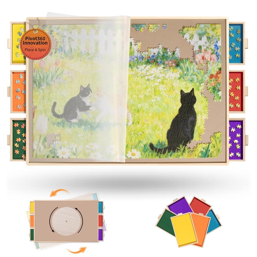 Join&Joy 1500 Piece Puzzle Board Pro, with 6 Drawers & Cover, 34"x25" | Sort-Wise Colorful Felt Drawers, Wooden Rotating Jigsaw Puzzle Table，Birthday Gifts for Mom