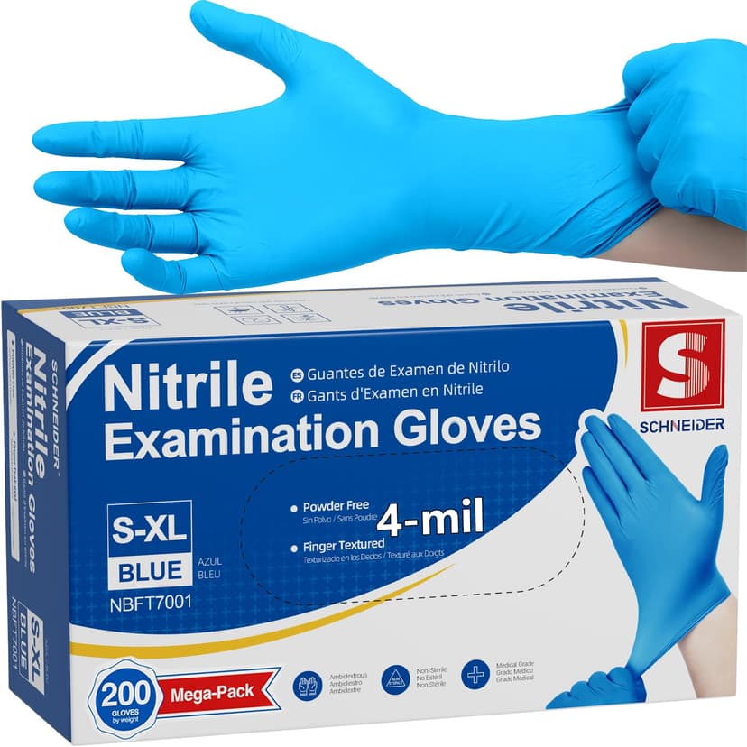 Schneider Medical Nitrile Exam Gloves, 4 mil, Powder-Free, Latex-Free, Disposable Gloves for Cleaning and Food Prep