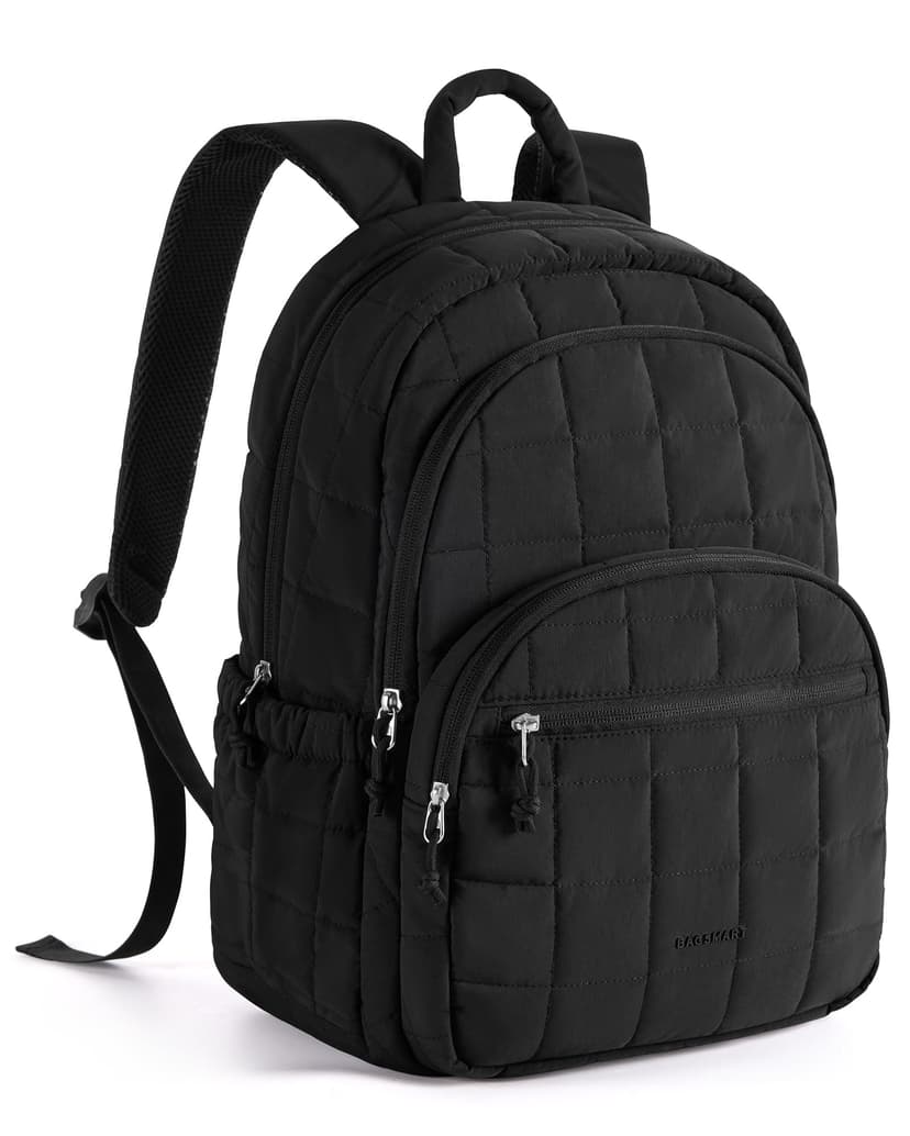BAGSMART Travel Backpack for Women, 15.6" College Laptop Backpack, Black | Fits 15.6" Laptop, Personal Carry-on Size with Trolley Sleeve, Quilted Style for College Nurse Teacher, Water-Resistant