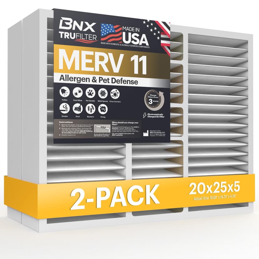 BNX TruFilter 20x25x5 (19.88’’ x 24.75’’ x 4.38‘ Honeywell Compatible 4”) MERV 11 Air Filter (2-Pack) - MADE IN USA - HVAC AC Furnace Filters for Allergies, Dust, Pet, Smoke, Allergy MPR 1200 FPR 7