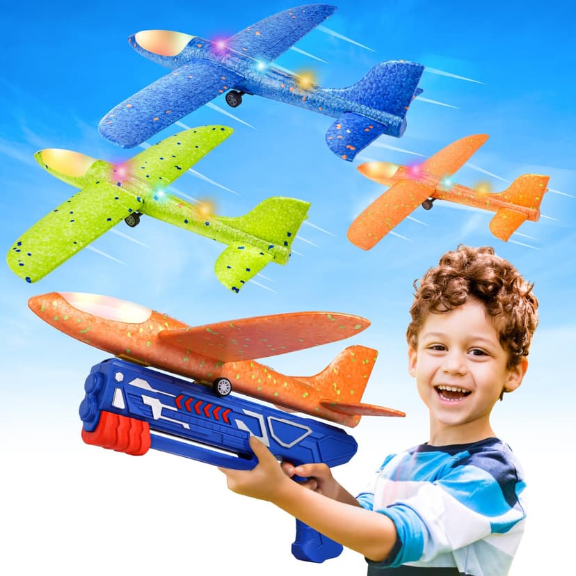 Fuwidvia 3 Pack Airplane Launcher Toys, 13.2'' LED Foam Glider | Catapult Plane Toy for Boys, 2 Flight Modes Outdoor Flying Toys Birthday Gifts for Boys Girls 4 5 6 7 8 9 10 11 12 Year Old