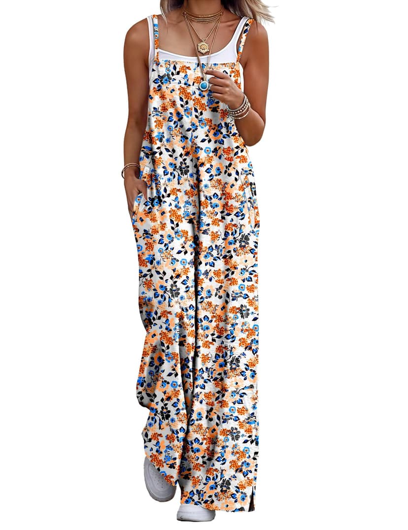 YESNO Women's Summer Boho Cotton Casual Jumpsuits Wide Leg Overalls Floral Print Baggy Rompers with Pockets PZZCR