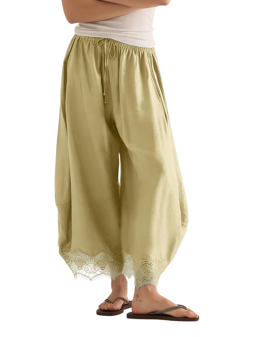 PUWEI Women's Cropped Lace-Hem Pants High Waisted Drawstring Wide Leg Pants Casual Lightweight Trousers with Pockets