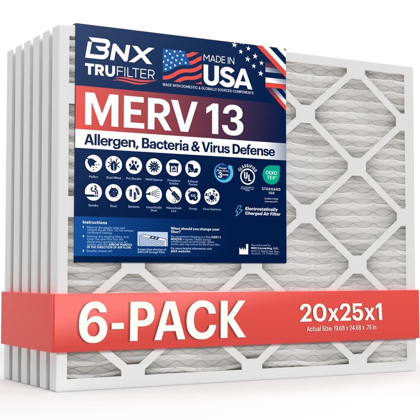 BNX TruFilter 20x25x1 Air Filter MERV 13 (6-Pack) - MADE IN USA - Electrostatic Pleated Air Conditioner HVAC AC Furnace Filters for Allergies, Pollen, Mold, Bacteria, Smoke, Allergen, MPR 1900 FPR 10