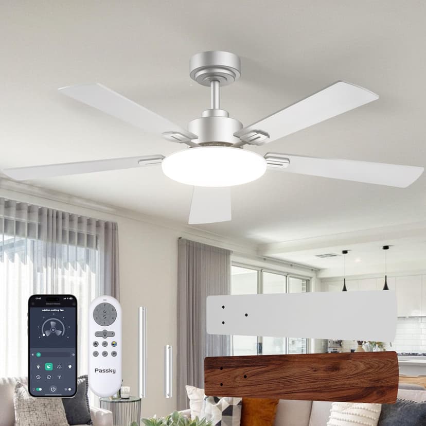 Passky 52 Inch Silver Sleek Ceiling Fans with Lights, Remote Control | 3-color dimmable light, quiet reversible DC motor, easy install, memory, Timer, APP, bedroom, covered outdoor areas