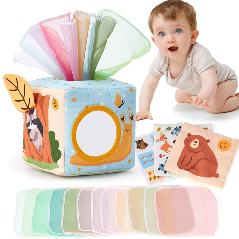 hahaland Baby Tissue Box Toy - 6 Month Old Montessori Baby Toys 6-12 Months | Sensory Pulling Play Scarf Soft Box, Crinkle Paper, Mirror, Tag for Babies Boy Girl Gifts Must Haves 1 Year Old Birthday G