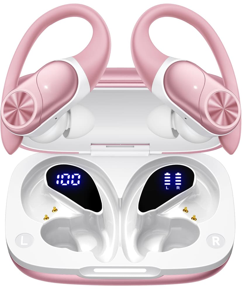 PocBuds Bluetooth Headphones Wireless Earbuds 80hrs Playtime Wireless Charging Case Digital Display Sport Ear Buds with Earhook Deep Bass IPX7 Waterproof Over-Ear Earphones for Phone Laptop Rose Gold