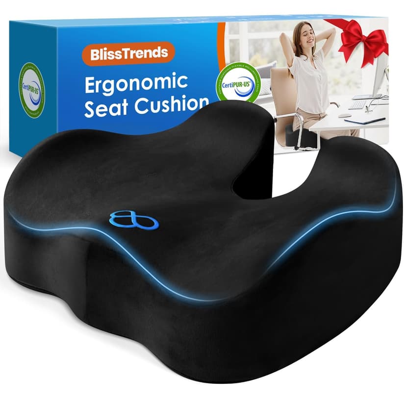 BlissTrends Memory Foam Seat Cushion for Office Chair & Car Seat, Black | Ergonomic Tailbone & Sciatica Support with Removable Velvet Cover for Pressure Relief and Long Sitting Comfort, 3.3" Thick