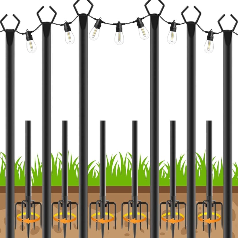 AHRLHR 6 Pack String Light Poles, Outdoor String Light Pole 10 ft Forked Metal Light Pole with Adjustable Outdoor Light Stand, Deck, Backyard, Garden, Wedding, Rustproof and Sturdy with Hooks.