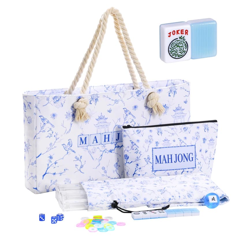 TIASUSAN American Mahjong Set(Light Blue), 166 Engraved Tiles, Bag and Mahjong Accessories, 4 Racks with Pushers, Mahjong Tile Set for Beginners