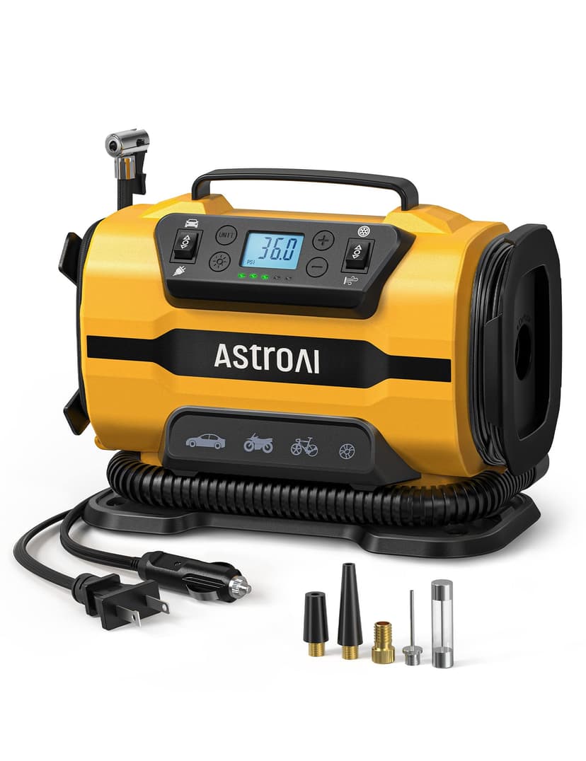 AstroAI Tire Inflator Portable Air Compressor, 12V DC/120V AC Dual Power | Fast-Inflating Air Pump with Dual Metal Motors, 150PSI Digital Gauge for Car, SUV, Bike Tires & Air Mattresses, Yellow
