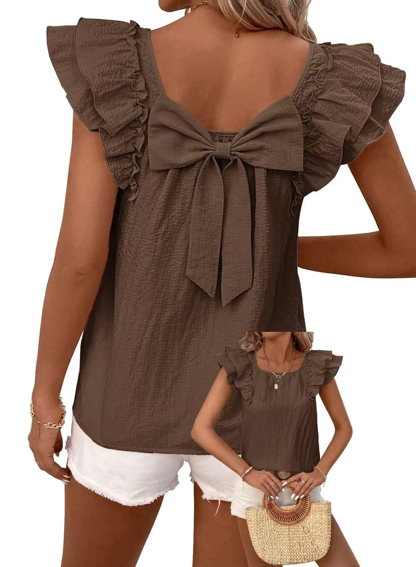 Falechay Womens Bow Tie Back Tops Round Neck Ruffle Short Sleeve Shirts Cute Babydoll Chiffon Tee Women Summer Trendy Tunic